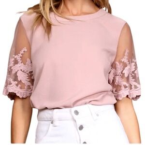 NWT Lulus Lisa Marie Mauve Pink Embroidered Mesh Sleeve Top Round Neck Blouse M